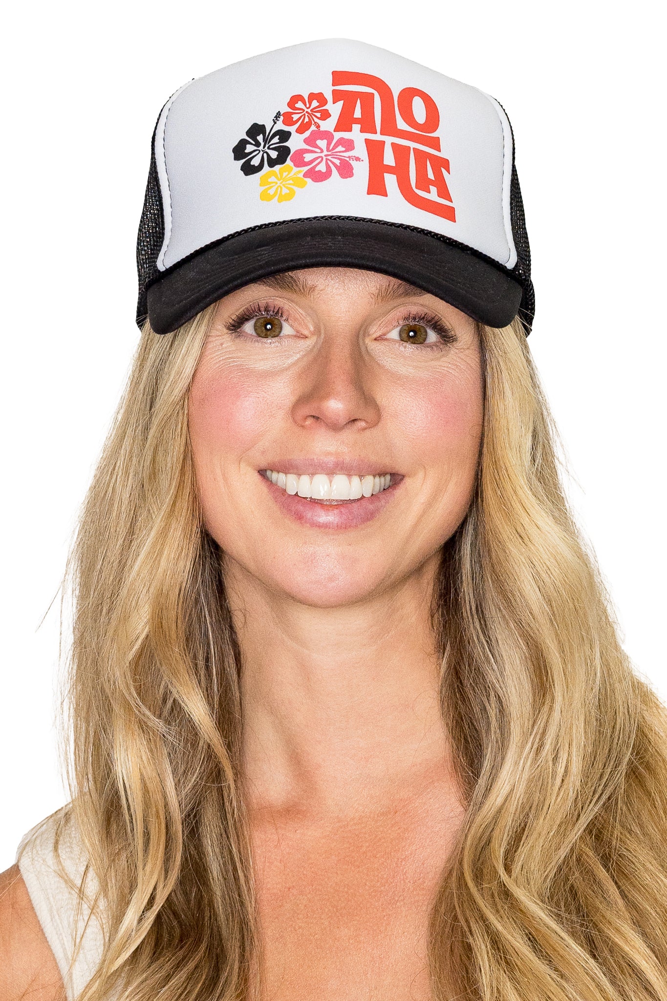 Rainbow Aloha Trucker Hat in Black Split