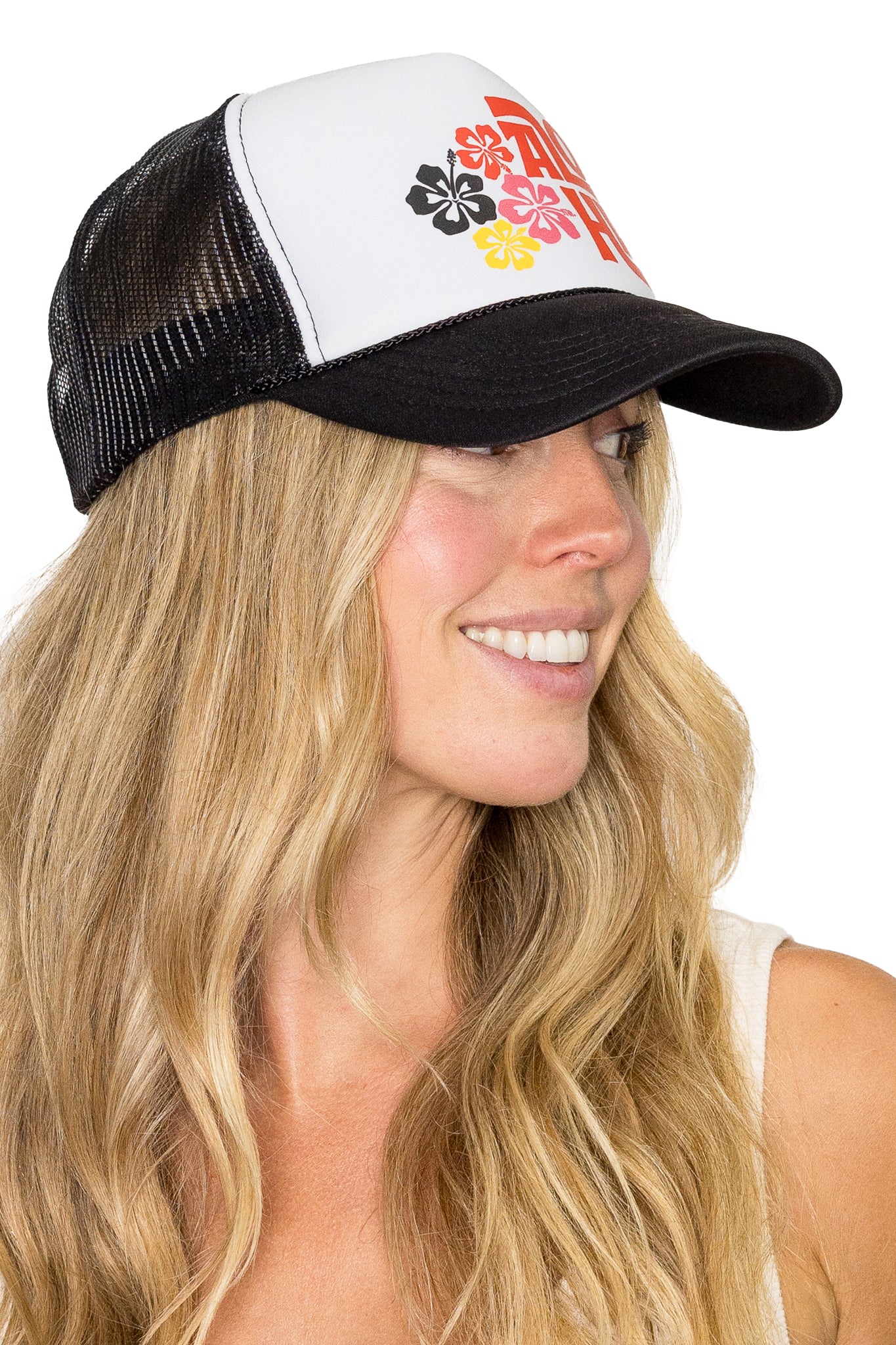 Rainbow Aloha Trucker Hat in Black Split