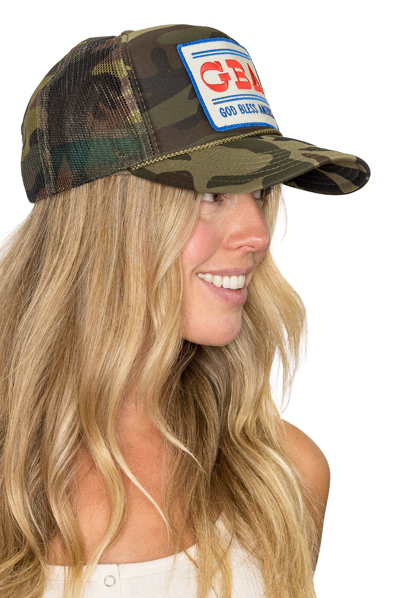 God Bless America Trucker Hat in Camo