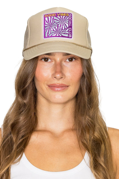 Good Vibes Social Club Trucker Hat in Tan