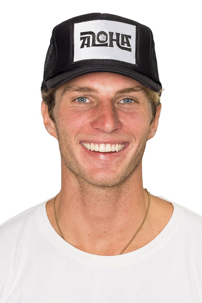 Aloha Flower Trucker Hat in Black