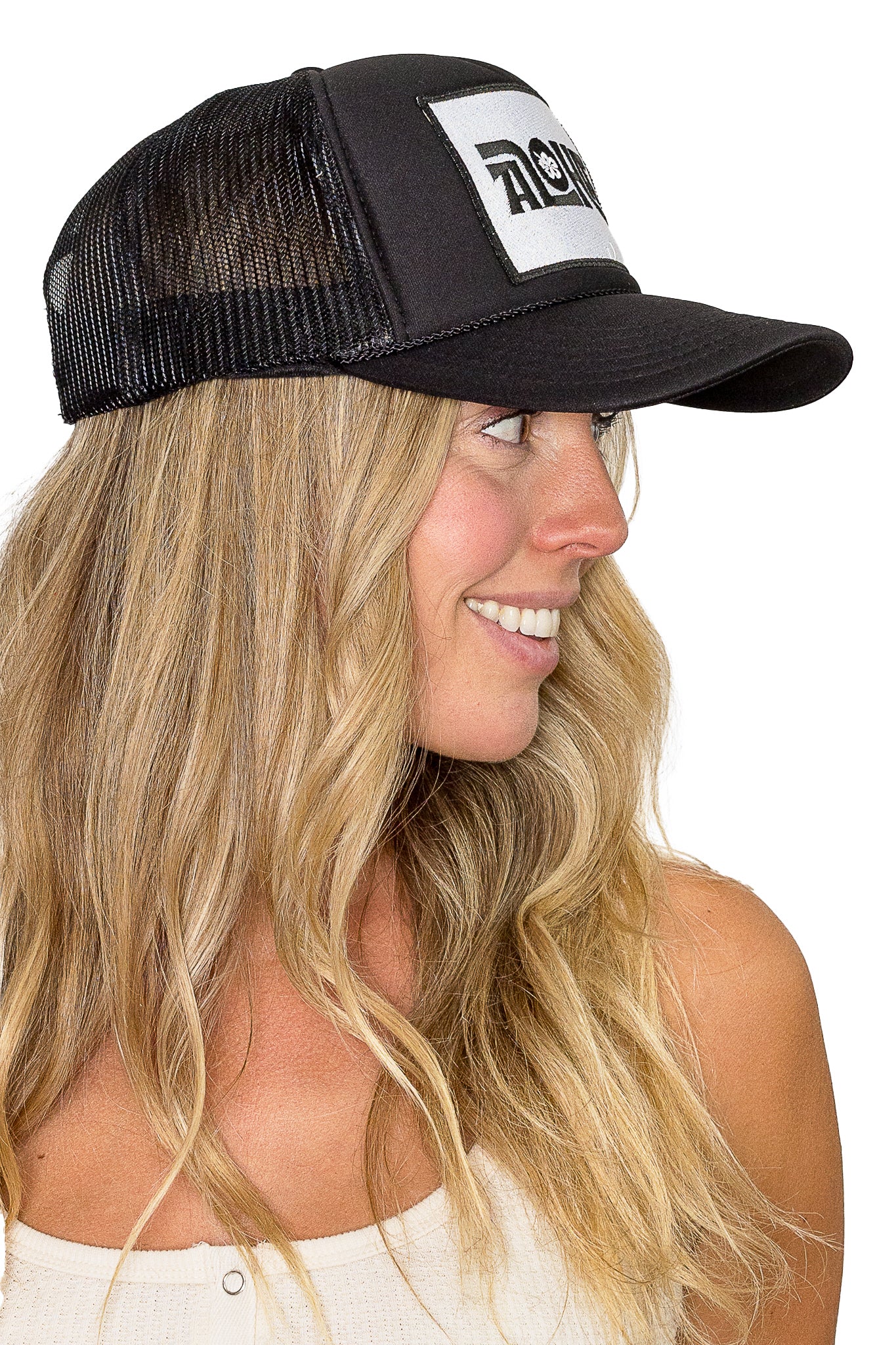 Aloha Flower Trucker Hat in Black