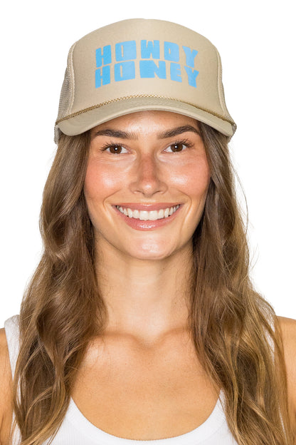 Howdy Honey Trucker Hat in Tan with Blue