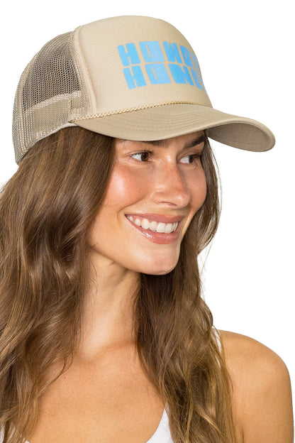 Howdy Honey Trucker Hat in Tan with Blue