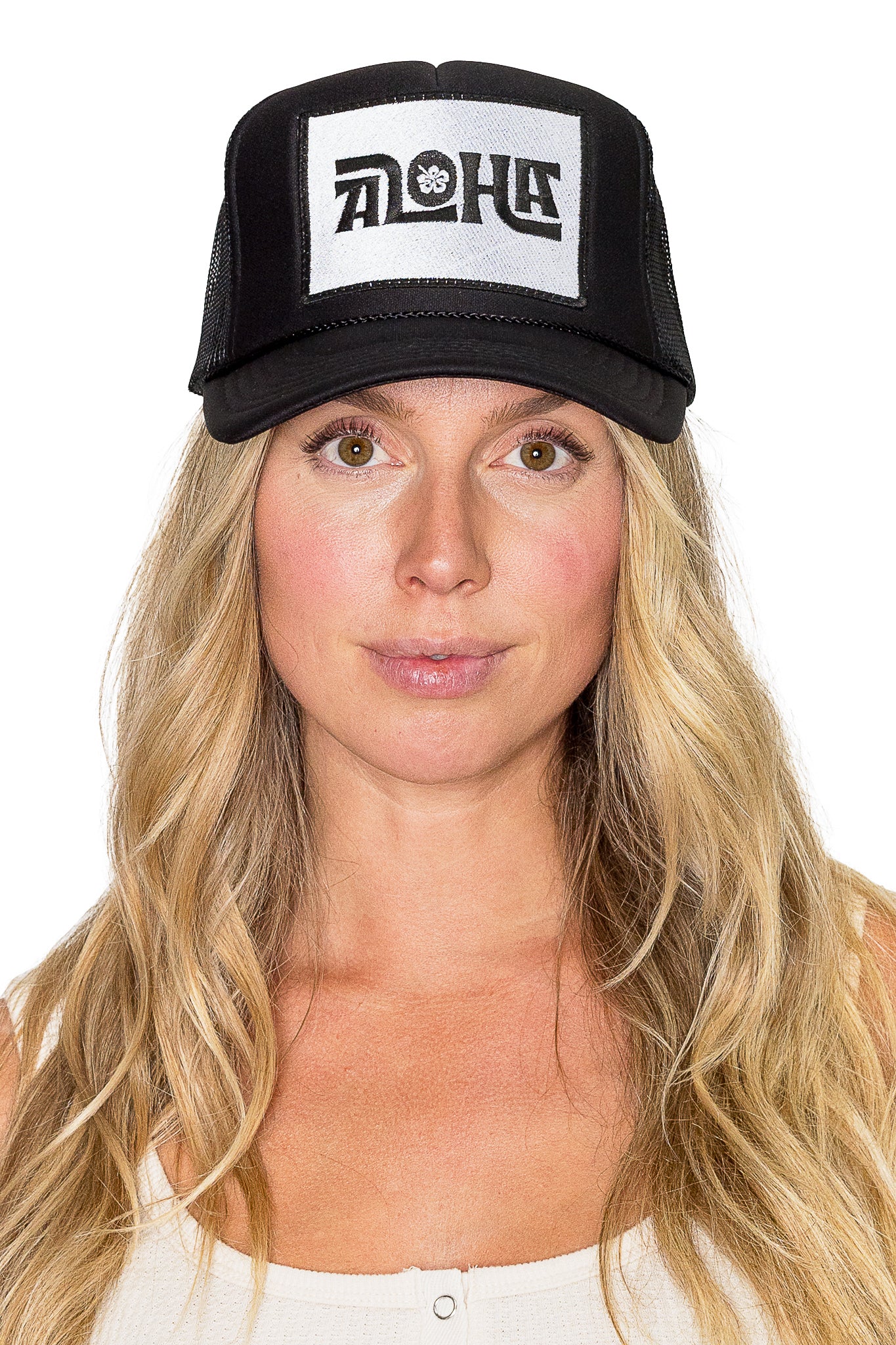 Aloha Flower Trucker Hat in Black