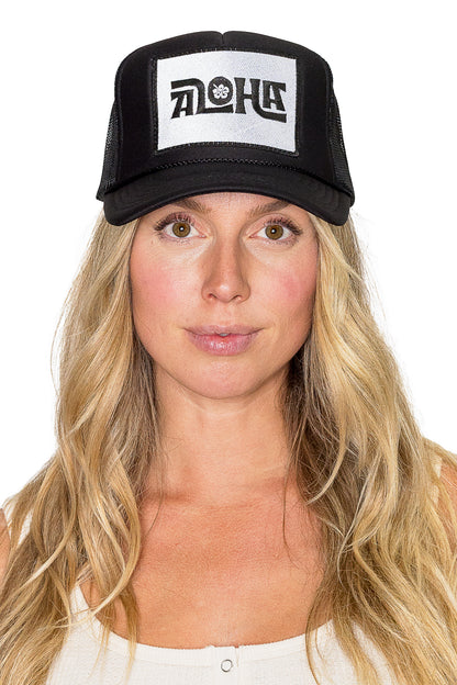 Aloha Flower Trucker Hat in Black