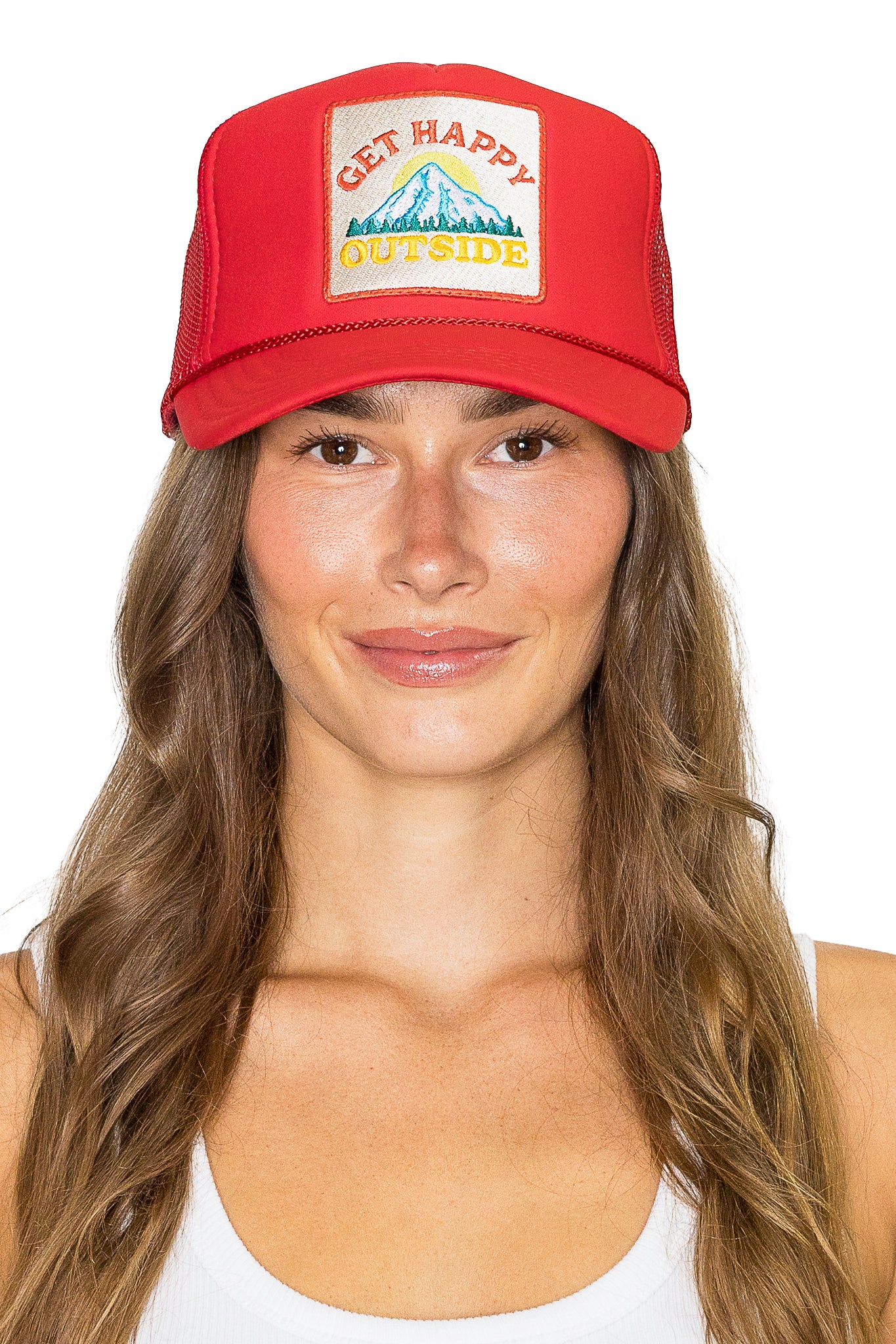 Get Happy Outside Trucker Hat in Red