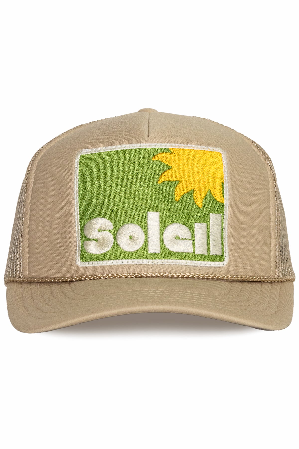 Soleil trucker hat in tan, front view