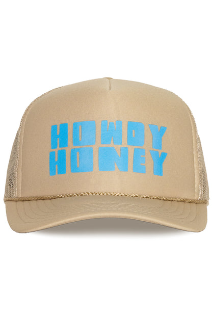 Howdy Honey Trucker Hat in Tan with Blue