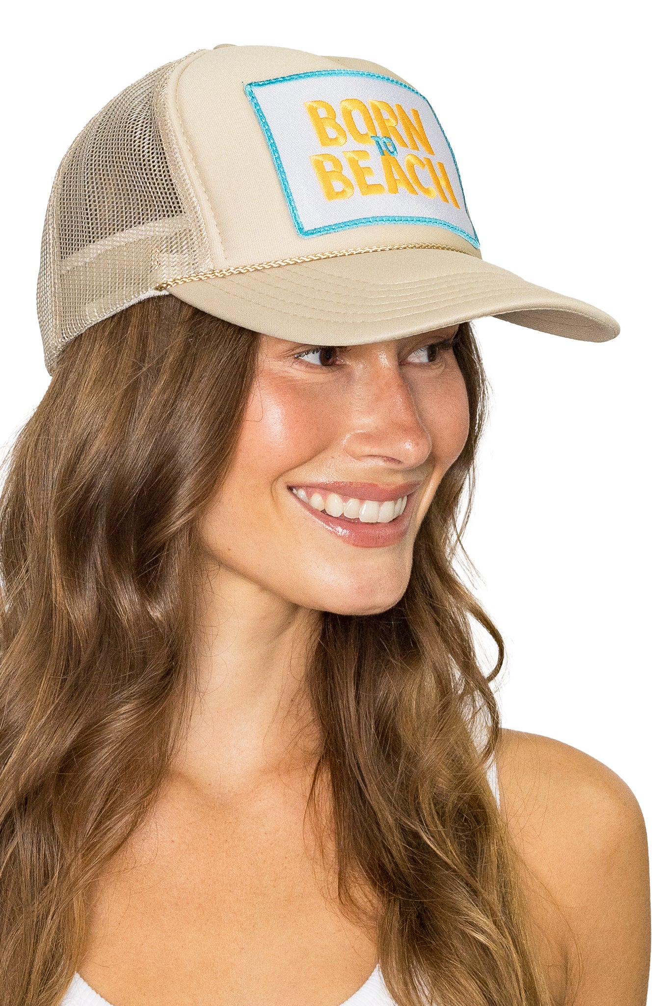 Born to Beach Trucker Hat in Tan