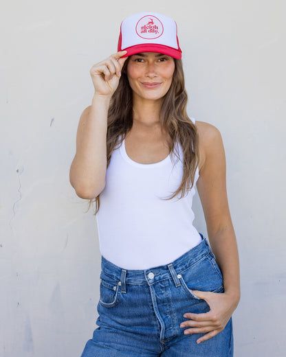 Sleigh all Day Trucker Hat in Red Split