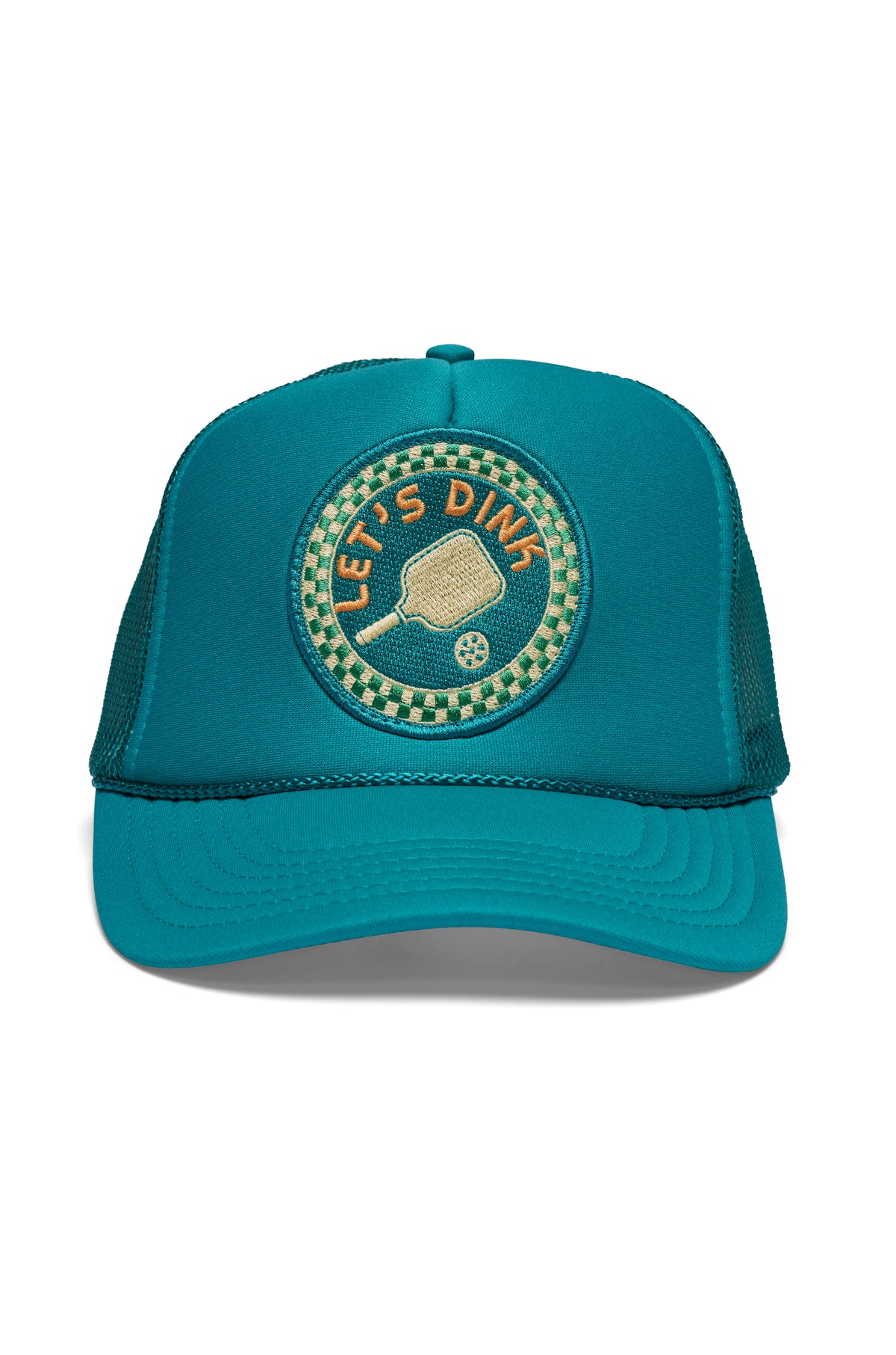 Pickle Ball trucker hat in jade, front view