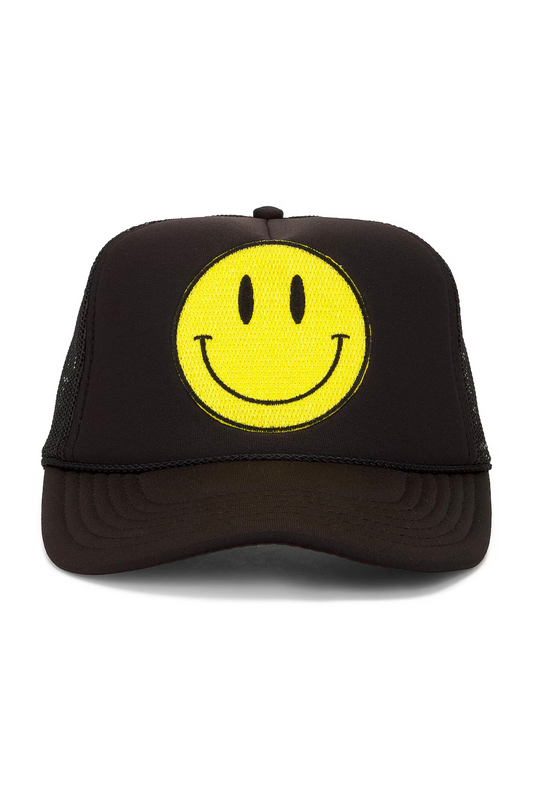 Happy Face Trucker Hat in Black