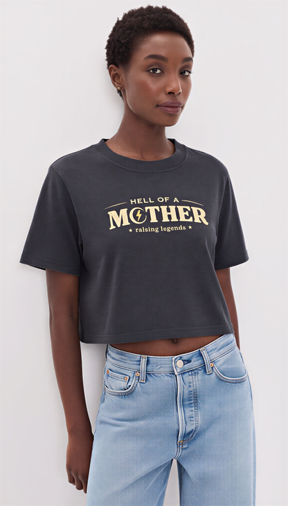 Hell of a Mother crop tee in faded black, front view