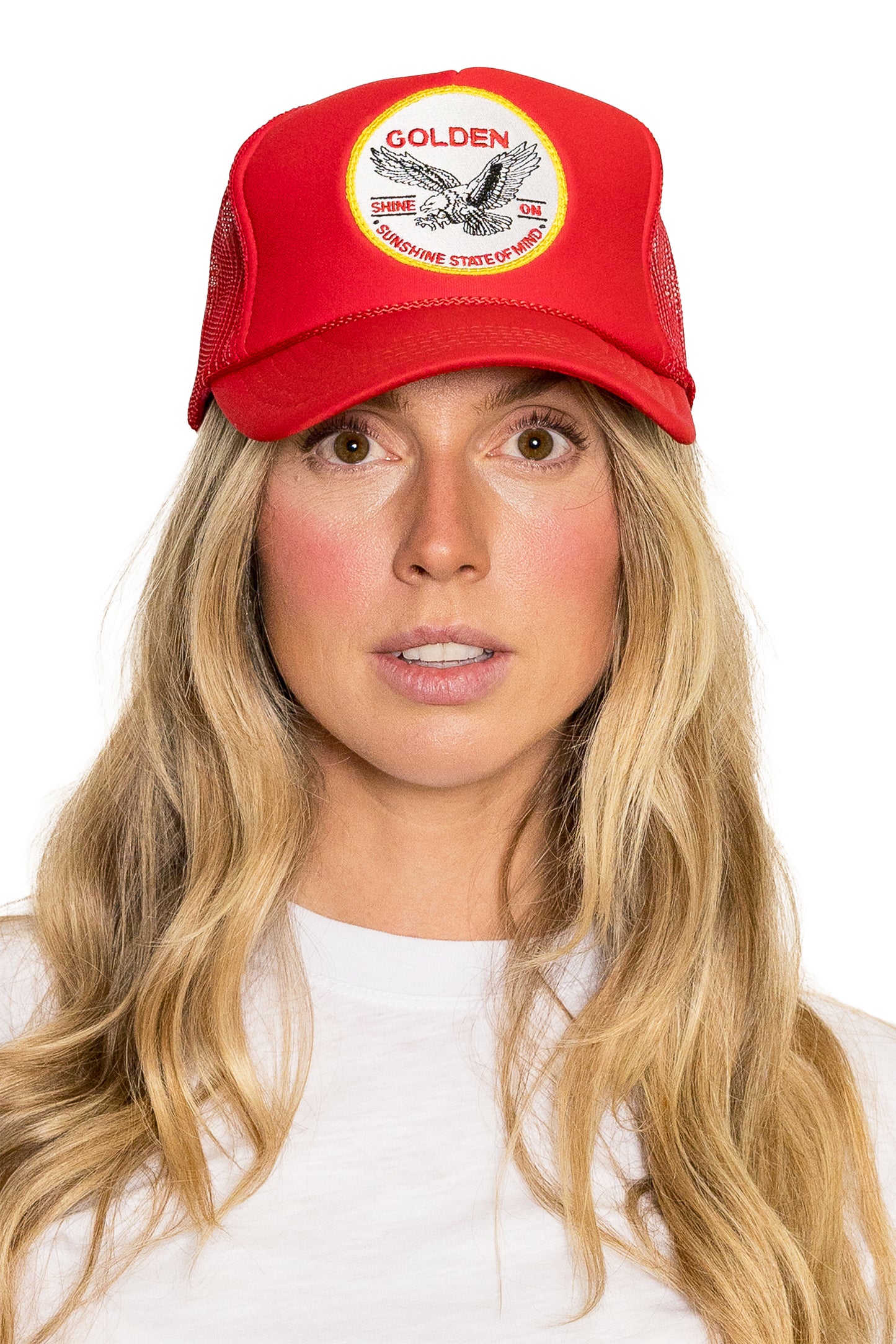 Golden Sunshine State of Mind Trucker Hat in Red