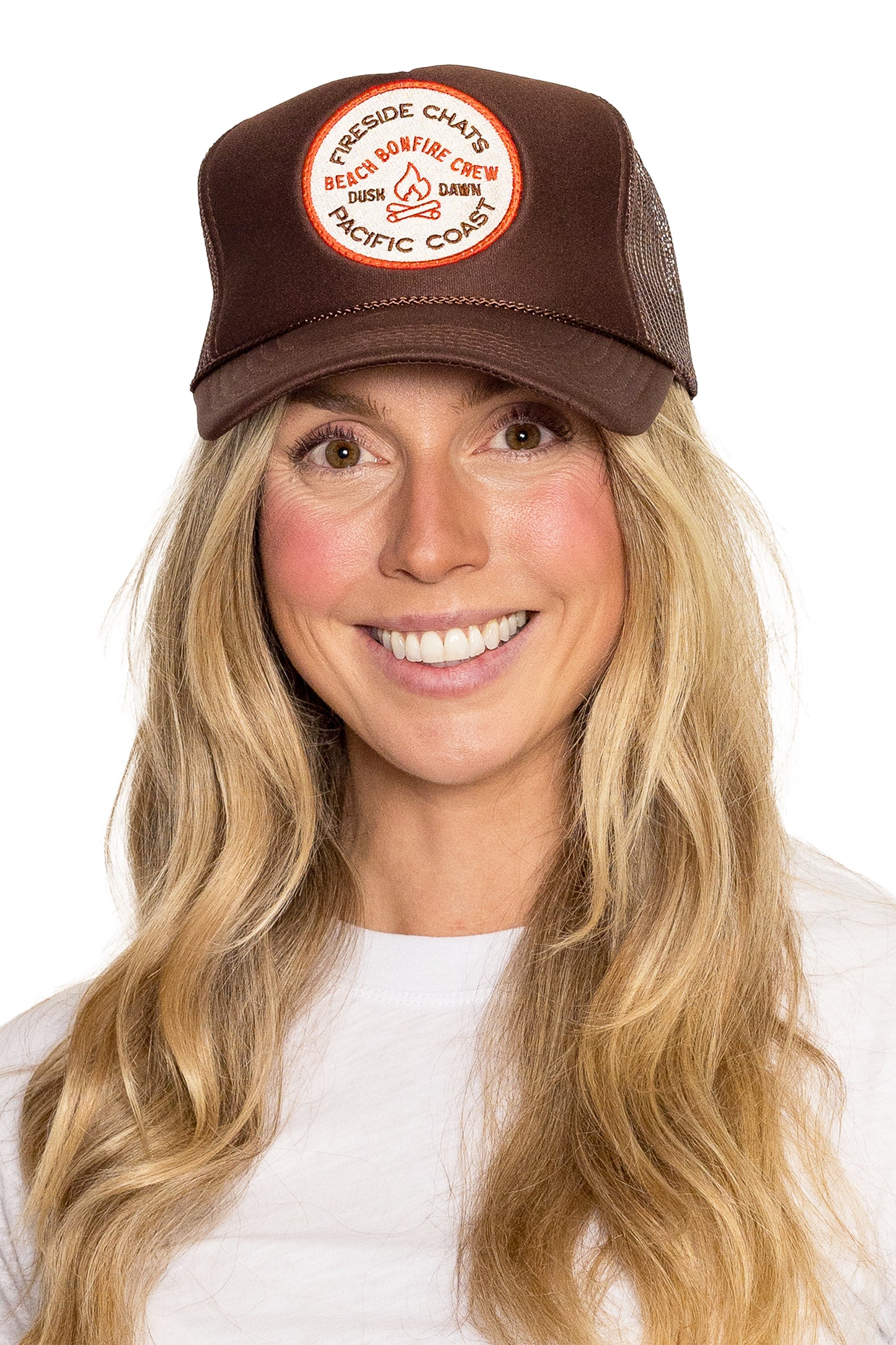Fireside Chats Beach Bonfire Crew Trucker Hat in Brown