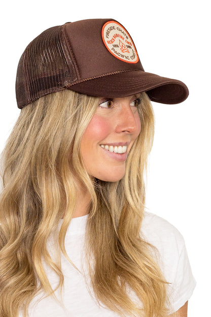 Fireside Chats Beach Bonfire Crew Trucker Hat in Brown