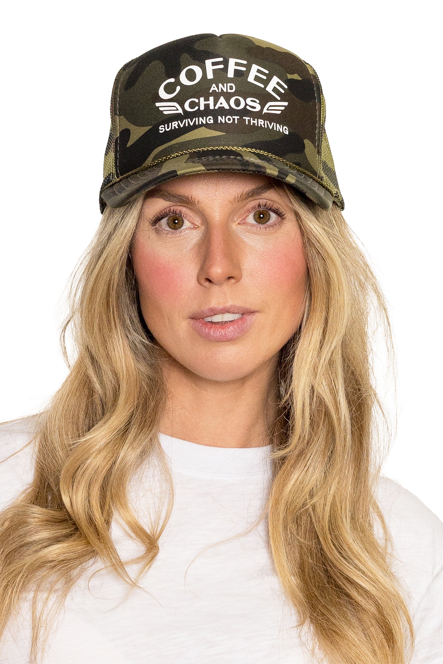 Coffee and Chaos Trucker Hat in Camo