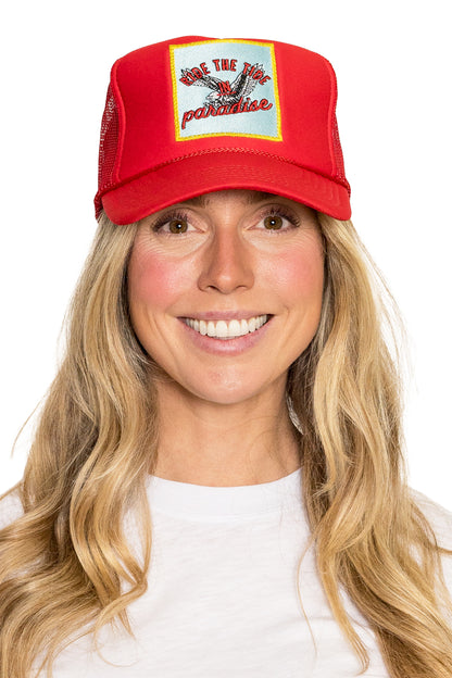 Ride the Tide in Paradise Trucker Hat in Red