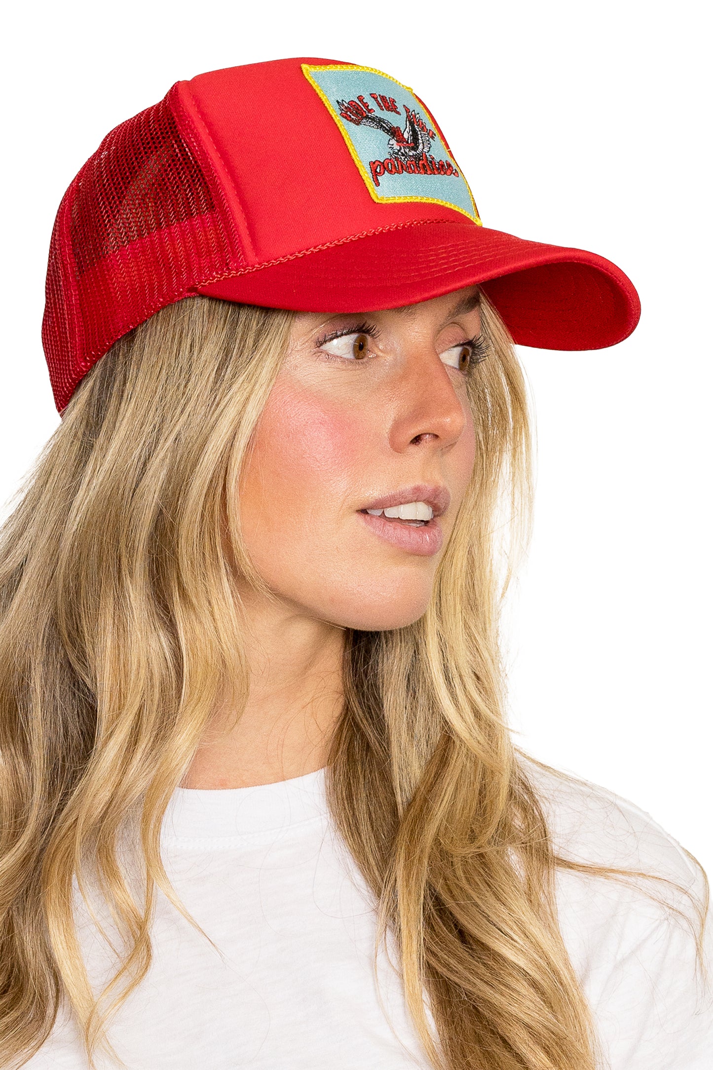 Ride the Tide in Paradise Trucker Hat in Red
