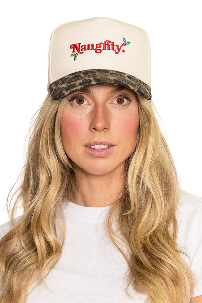 Naughty Snapback Hat in Cream Leopard