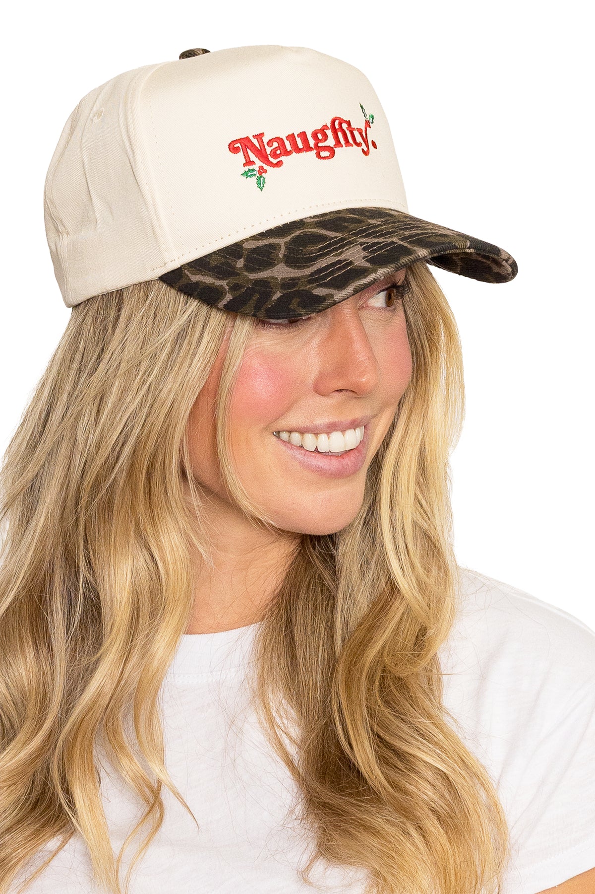 Naughty Snapback Hat in Cream Leopard