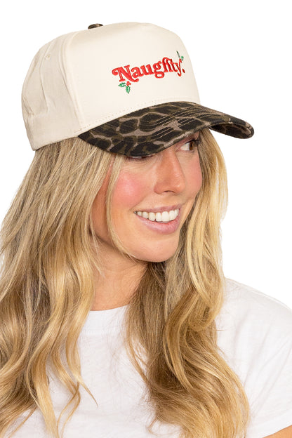 Naughty Snapback Hat in Cream Leopard