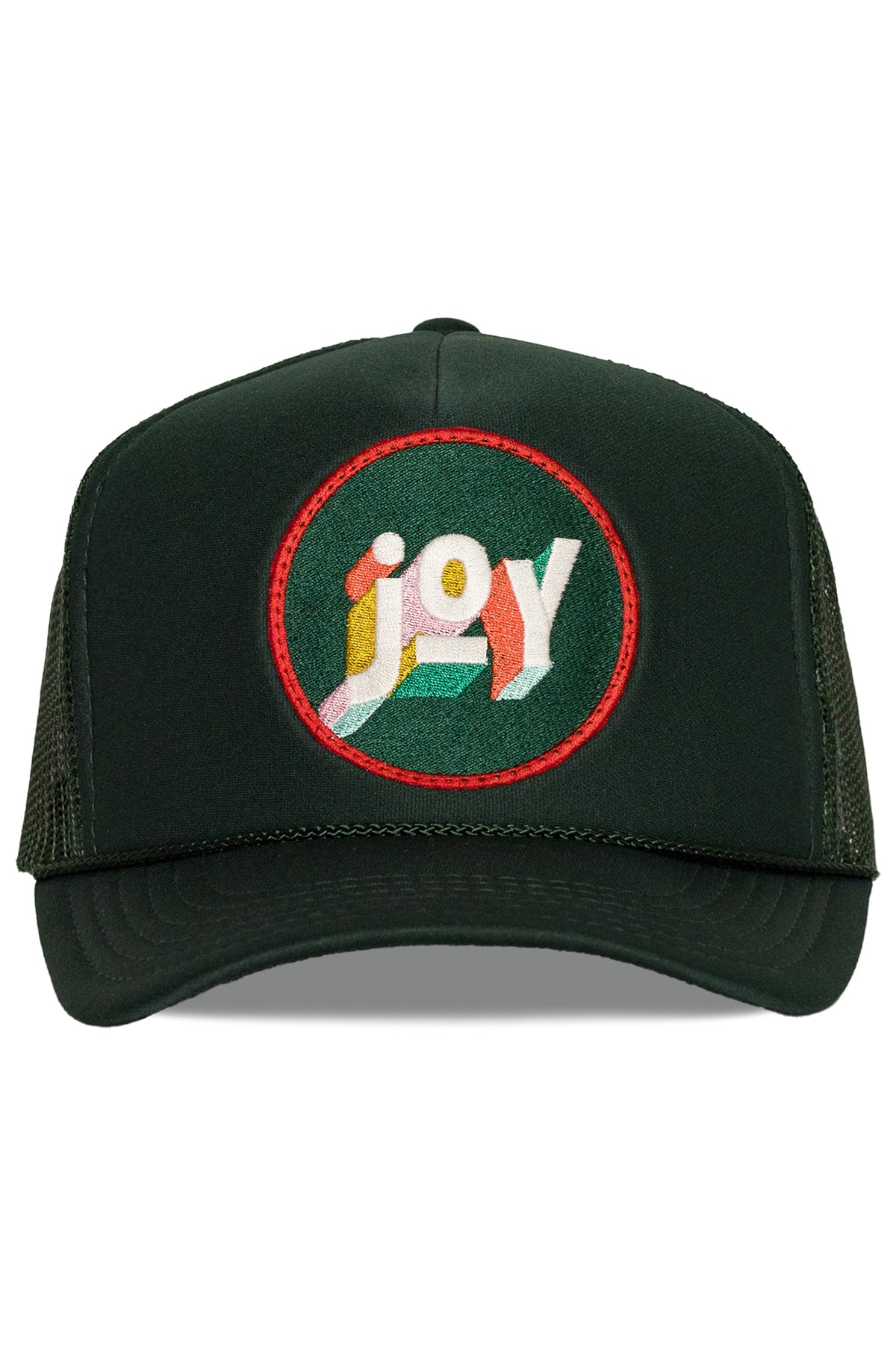 Joy trucker hat in emerald green, front view