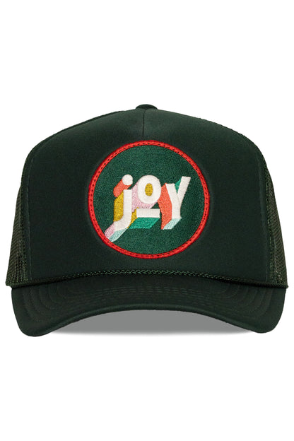 Joy trucker hat in emerald green, front view