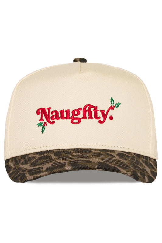 Naughty snapback hat in cream leopard, front view