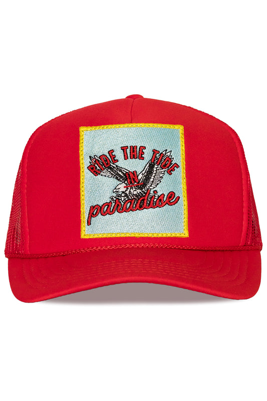 Ride the Tide in Paradise Trucker Hat in Red
