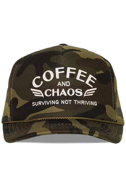 Coffee and Chaos Trucker Hat in Camo