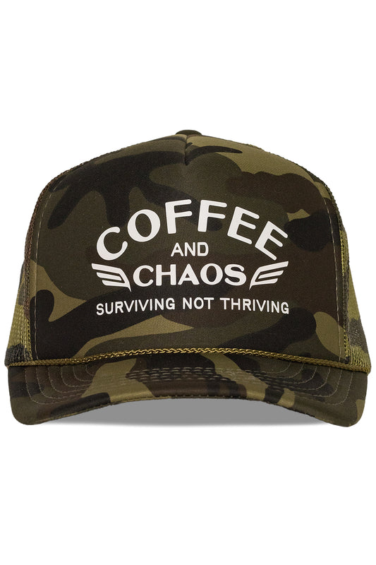 Coffee and Chaos Trucker Hat in Camo