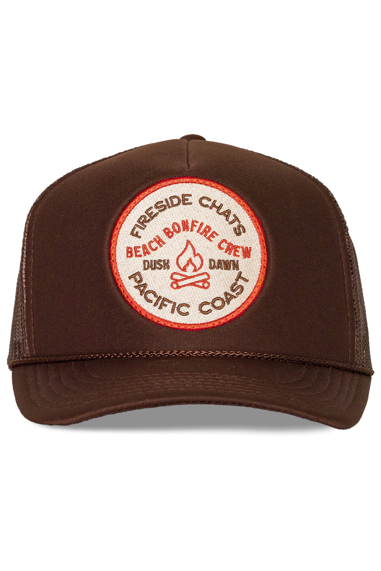 Fireside Chats Beach Bonfire Crew Trucker Hat in Brown