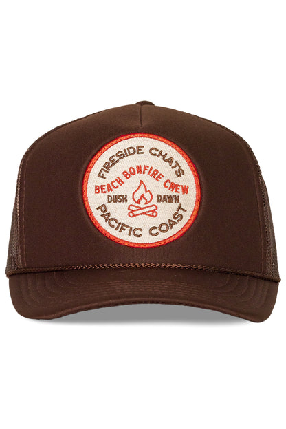 Fireside Chats Beach Bonfire Crew Trucker Hat in Brown