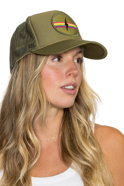 Electric Rainbow Trucker Hat in Olive