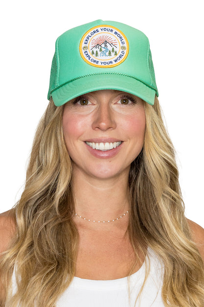 Explore Your World Trucker Hat in Cactus Green