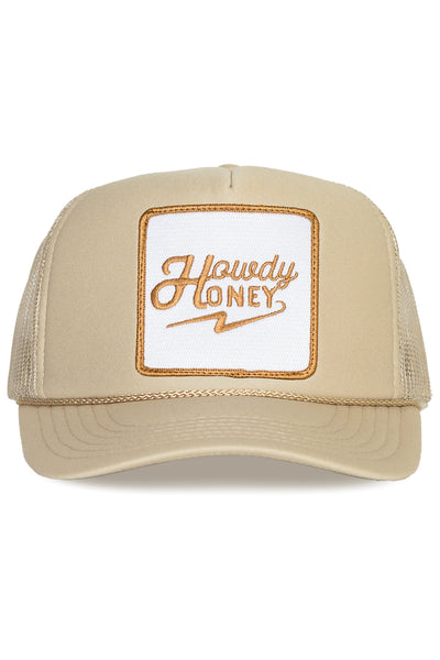 FRIDAY FEELIN // cream & tan howdy howdy howdy howdy patch trucker hat Friday Feelin main image 3
