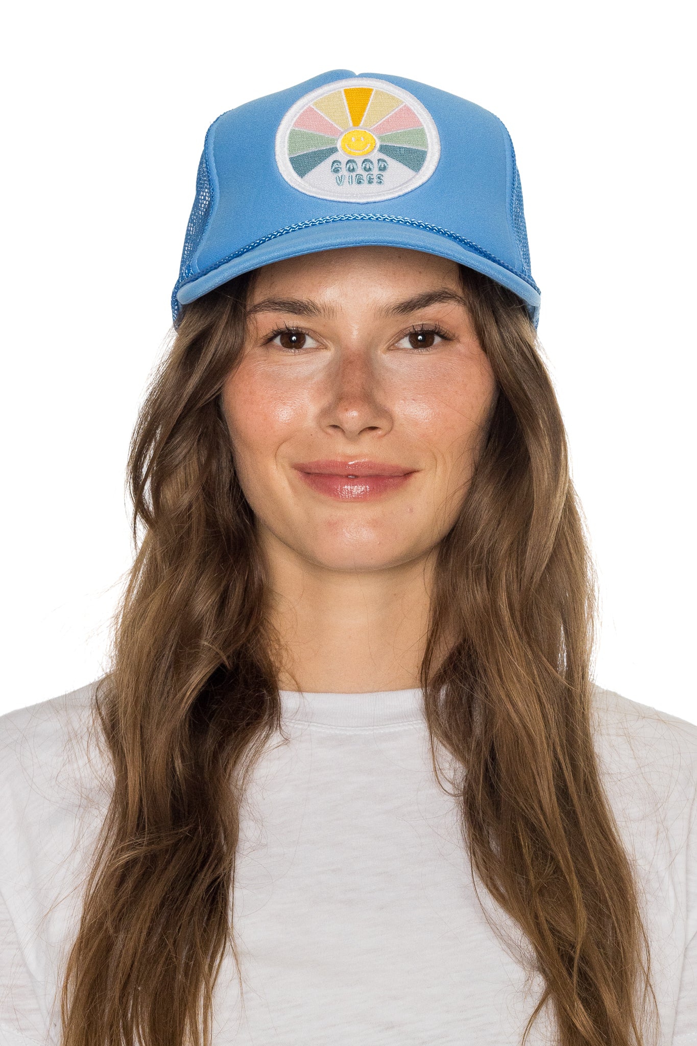 Good Vibes Trucker Hat in Blue