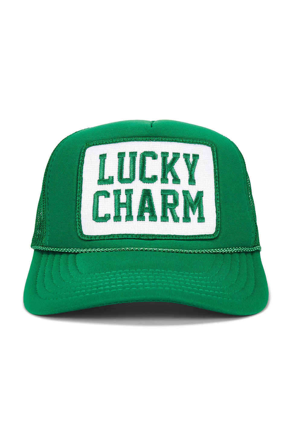 Lucky Charm trucker hat in green, front view