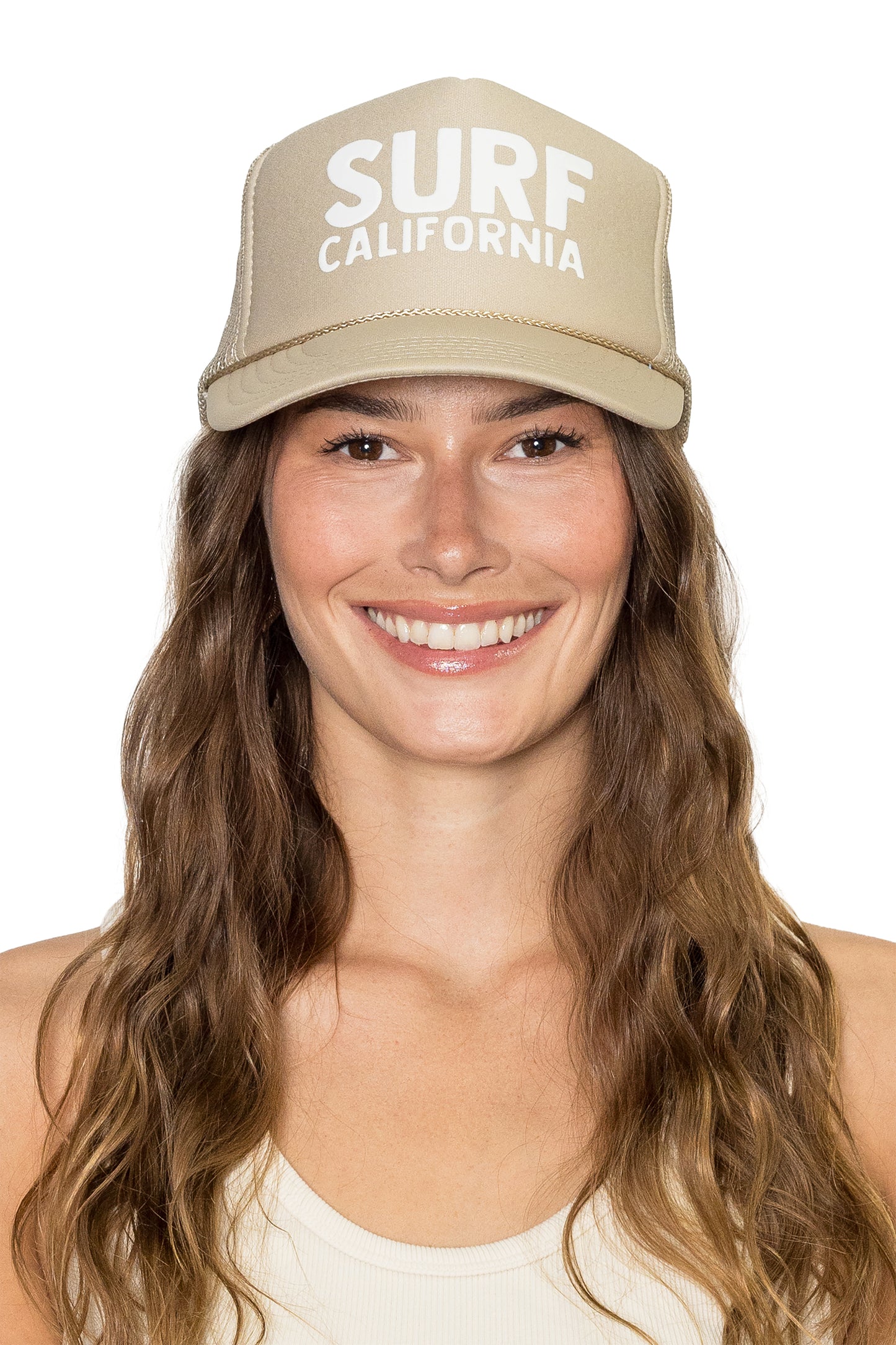 Surf California Trucker Hat in Tan with White