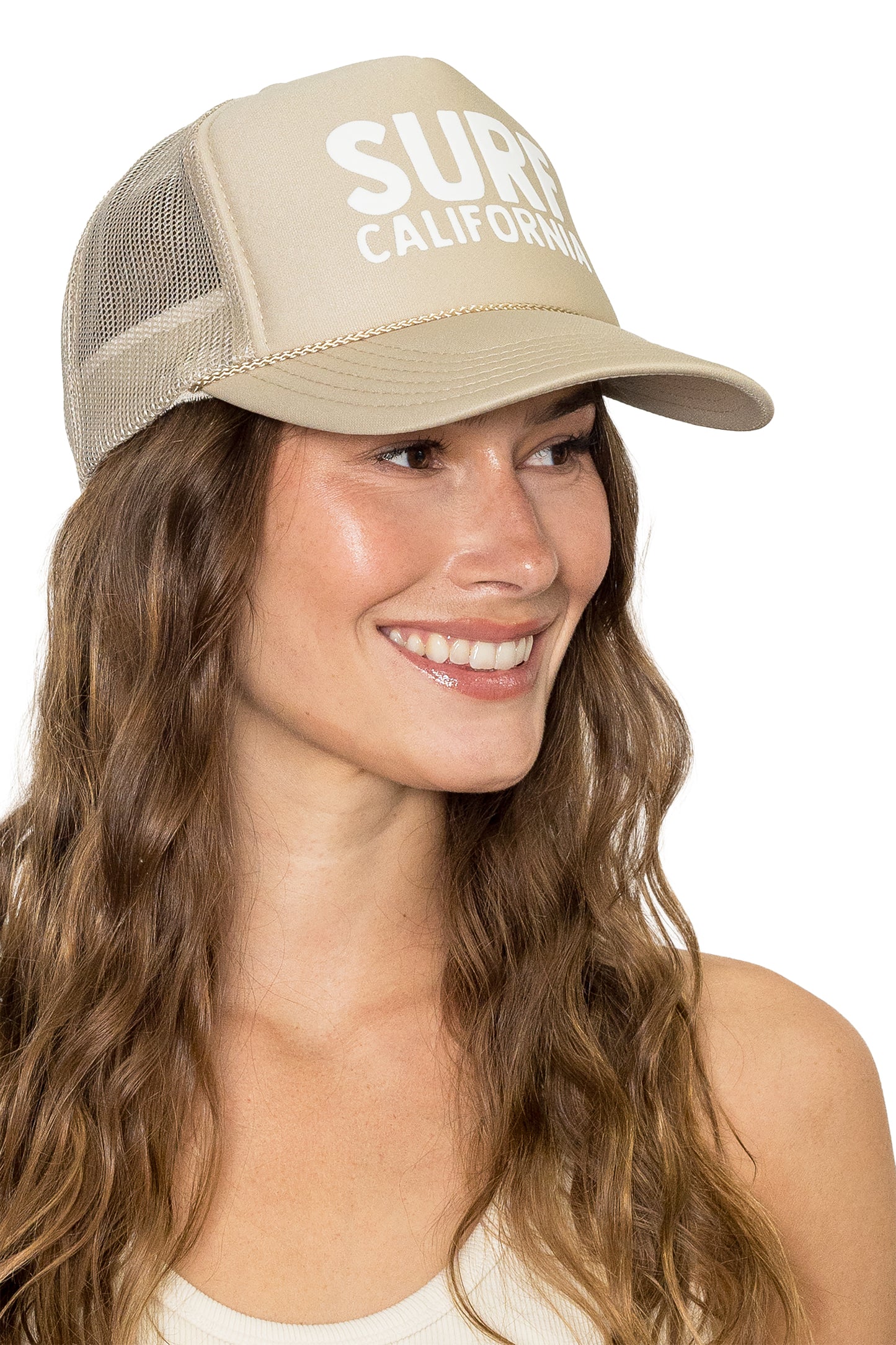 Surf California Trucker Hat in Tan with White