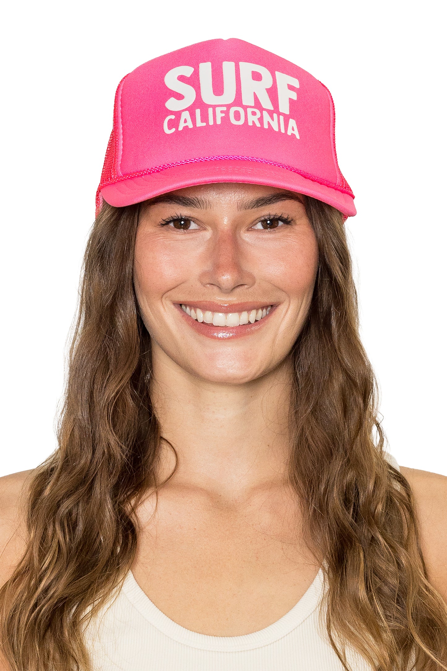 Surf California Trucker Hat in Neon Pink with White