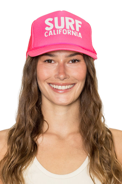 Surf California Trucker Hat in Neon Pink with White