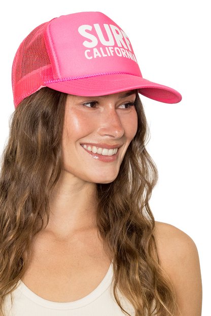 Surf California Trucker Hat in Neon Pink with White