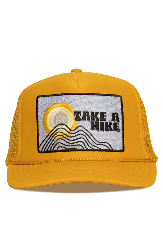 Take A Hike Sun Trucker Hat in Gold