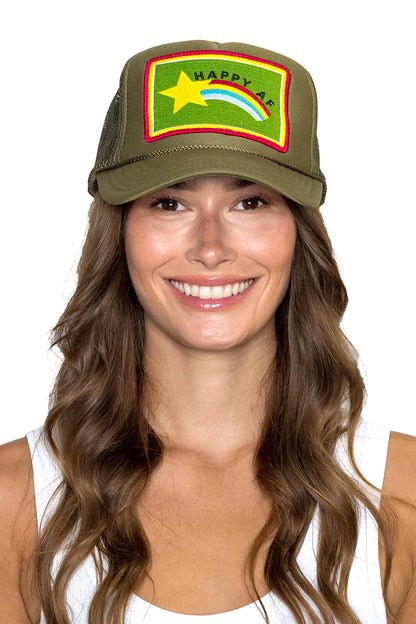Happy AF Trucker Hat in Olive Green