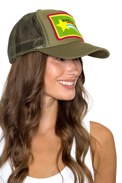 Happy AF Trucker Hat in Olive Green