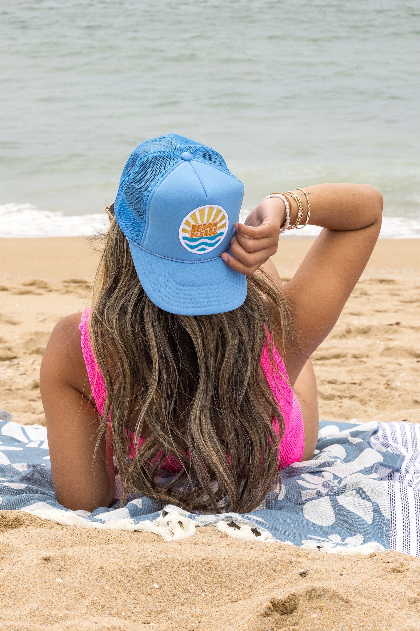 Beach Please Trucker Hat in Blue