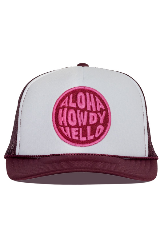 Aloha Howdy Hello Trucker Hat in Maroon Split